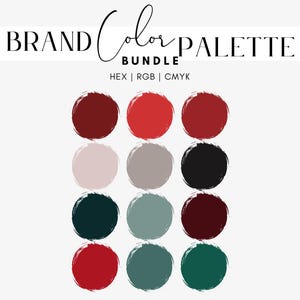Puede incluir: Un paquete de paleta de colores de marca con fondo blanco. La imagen presenta doce muestras de color circulares en tonos de rojo, rosa, gris, negro y verde. El texto "BRAND Color PALETTE BUNDLE" está en la parte superior.