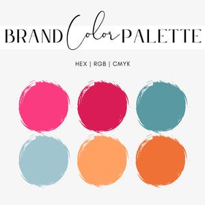May include: Brand Colour Palette featuring six circular colour swatches. The colours are pink, red, teal, light blue, orange, and peach.