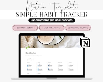 Simple Habit Tracker, Notion Template Planner, Minimalist Aesthetic Dashboard, Self Care, Gratitude Journal, Daily, Weekly, Monthly Calendar
