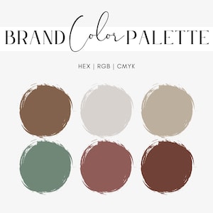 Op de afbeelding: Een merkkleurenpalet-afbeelding met de tekst BRAND COLOR PALETTE en HEX | RGB | CMYK. Onder de tekst staan zes cirkelvormige verfstalen met penseelstreekranden in de kleuren bruin, lichtgrijs, beige, saliegroen, oudroze en donkerkastanjebruin.