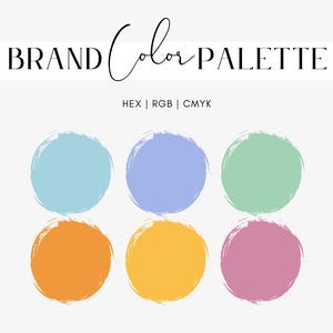 Pode incluir: Paleta de cores da marca com seis amostras de cores em um esquema de cores azul claro, roxo claro, verde claro, laranja, amarelo e rosa. HEX | RGB | CMYK