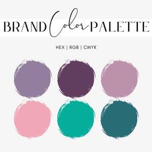 May include: A brand color palette with six color swatches. The colors are a light purple, a dark purple, a light pink, a teal green, a darker teal green, and a light pink with a mauve hue.
