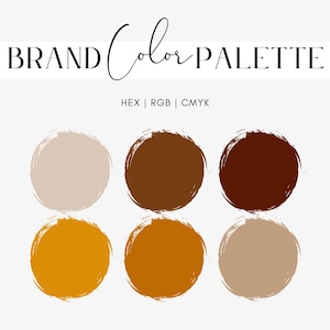 Puede incluir: Una paleta de colores de marca con seis muestras de color circulares en tonos beige, marrón y dorado. El texto "BRAND Color PALETTE" está en la parte superior, con "HEX | RGB | CMYK" debajo.