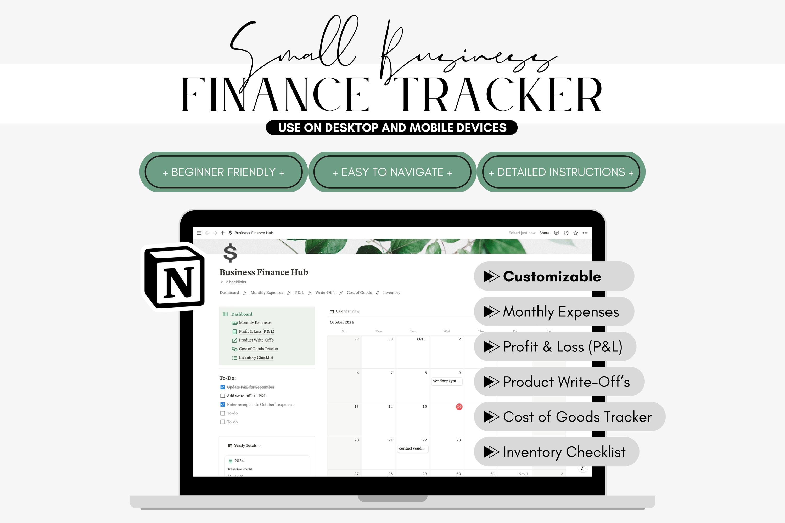 Customizable Notion Template for Small Business Finances, Profit and Loss, Cash Flow, Inventory, Expense and Income Tracker, Cost of Goods