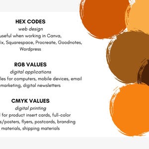 Op de afbeelding: Een grafisch ontwerpbron met tekst die HEX-, RGB- en CMYK-kleurwaarden beschrijft. De afbeelding bevat kleurstalen in tinten oranje, bruin en beige. De tekst vermeldt webdesign, digitale applicaties en digitaal printen.