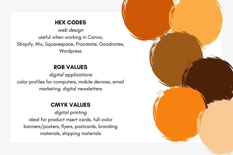 Op de afbeelding: Een grafisch ontwerpbron met tekst die HEX-, RGB- en CMYK-kleurwaarden beschrijft. De afbeelding bevat kleurstalen in tinten oranje, bruin en beige. De tekst vermeldt webdesign, digitale applicaties en digitaal printen.