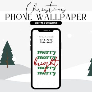 Christmas Phone Wallpaper, Aesthetic Holiday Lock Screen, Cute Winter Mobile Background, Falling Snow, Merry and Bright, Digital Download