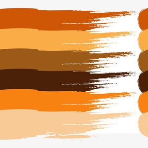 Op de afbeelding: Een palet van warme, aardse tinten. Zes horizontale penseelstreken in tinten oranje, bruin en beige worden weergegeven naast zes bijbehorende cirkelvormige kleurstalen. Het ontwerp staat op een witte achtergrond.