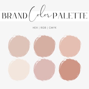 Peut inclure: Une palette de couleurs de marque avec six nuances différentes de rose, du clair au foncé. Les couleurs sont affichées dans des cercles avec un effet de coups de pinceau rugueux et texturés. Le texte "BRAND Color PALETTE" est en haut de l'image, et "HEX | RGB | CMYK" est en dessous des cercles.