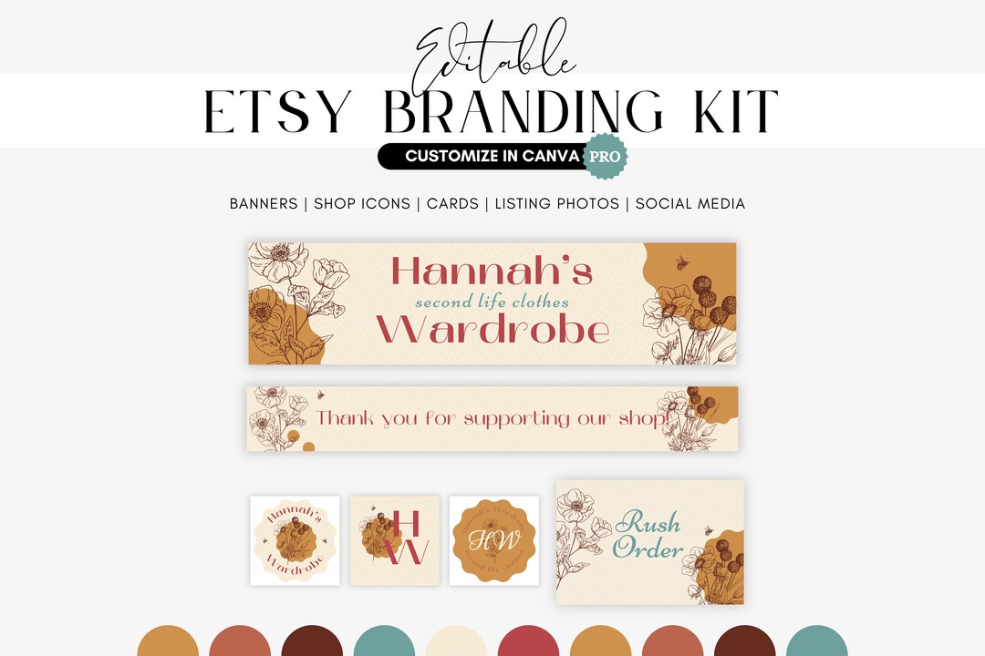 Vintage Floral Etsy Branding Kit, Canva Pro Templates (digital Download