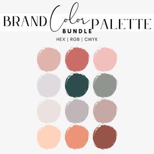 Op de afbeelding: Een kleuren paletbundel met een witte achtergrond. De tekst "BRAND Color PALETTE BUNDLE" staat bovenaan. Twaalf kleurstalen zijn gerangschikt in een raster, met tinten roze, rood, grijs en bruin. De kleurcodes HEX, RGB en CMYK worden vermeld.