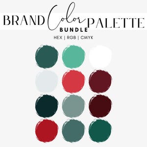 Puede incluir: Un paquete de paleta de colores de marca sobre un fondo blanco. La imagen presenta doce muestras de color circulares en tonos de verde, rojo y burdeos, con una muestra blanca. El texto "BRAND Color PALETTE BUNDLE" está en la parte superior.