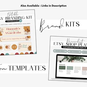 Op de afbeelding: Een Etsy branding kit en shop planner worden getoond. De branding kit bevat banners, shop iconen en kaarten met bloemmotieven. De shop planner is een aanpasbare Notion template. Tekst op de afbeelding luidt "Hannah's Wardrobe".