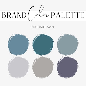 May include: Brand color palette with six color swatches. The colors are teal, light blue, gray, light gray, and purple.