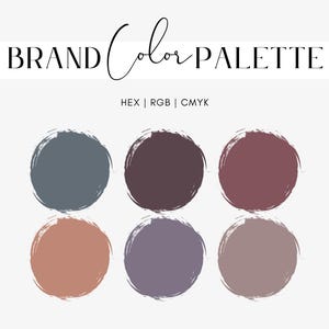 Op de afbeelding: Een grafiek van een merkkleurenpalet met zes cirkelvormige kleurstalen in tinten blauw, bordeauxrood en mauve. De tekst "BRAND Color PALETTE" staat bovenaan, met "HEX | RGB | CMYK" eronder.