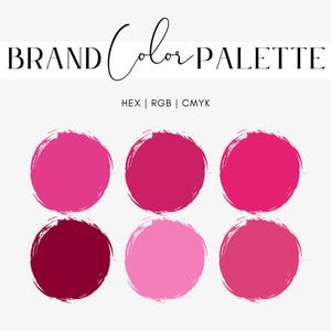 May include: A brand colour palette showing six pink and magenta circles with a brushstroke texture. The text "BRAND Color PALETTE" is at the top, with "HEX | RGB | CMYK" below it.