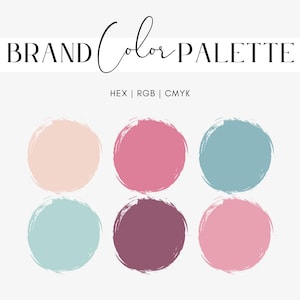 May include: Brand color palette with six color swatches in a circular shape. The colors are peach, pink, light blue, teal, burgundy, and light pink.