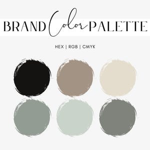 May include: Brand color palette with six color swatches. The colors are black, brown, beige, light green, and a darker shade of green. The text "BRAND Color PALETTE" is at the top of the image. The text "HEX | RGB | CMYK" is below the color swatches.