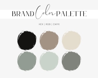May include: A brand color palette graphic with the text "BRAND Color PALETTE" in black script. Six circular color swatches are displayed in black, brown, beige, green, and gray tones. The color codes HEX, RGB, and CMYK are listed.