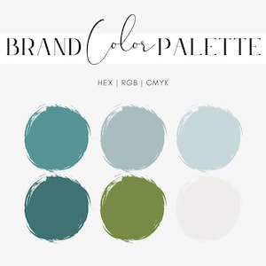 May include: A brand colour palette graphic with the text "BRAND Color PALETTE" in black script. Six circular colour swatches in shades of teal, blue, green, and white are displayed below the text. The colour codes HEX, RGB, and CMYK are listed.