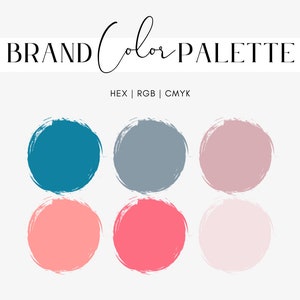 Puede incluir: Gráfico de paleta de colores de marca con seis muestras de color circulares en tonos de verde azulado, gris, rosa y coral. El texto "BRAND Color PALETTE" está en la parte superior, con "HEX | RGB | CMYK" debajo.