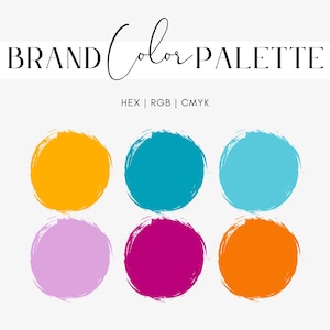 Op de afbeelding: Een merk kleurenpalet met zes kleurstalen. De kleuren zijn oranje, turquoise, lichtblauw, lavendel, magenta en oranje.