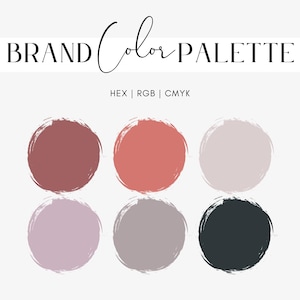以下が含まれることがあります： ブランドカラーパレットは、6つのカラーサンプルで構成されています。色は、濃い赤、コーラルレッド、薄いグレー、薄いパープル、中間のグレー、濃いグレーです。