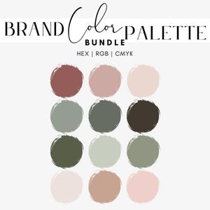 以下が含まれることがあります： ピンク、ブラウン、グリーンの色合いで構成された12色のカラーパレット。色は、4色ずつ3行に配置されています。画像の上部には、「BRAND Color PALETTE BUNDLE HEX | RGB | CMYK」というテキストがあります。