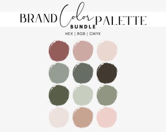 May include: A brand color palette bundle with twelve circular color swatches in shades of red, green, and brown. The text "BRAND Color PALETTE BUNDLE" is at the top, with "HEX | RGB | CMYK" below. The color palette is on a white background.