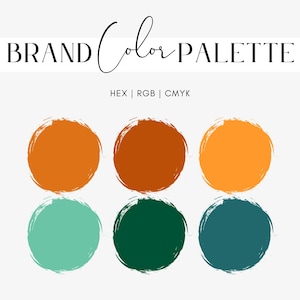 May include: Brand color palette with six color swatches. The colors are orange, brown, yellow, teal, and green.  HEX | RGB | CMYK