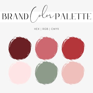 Budding Romance färgpalett, rödbrun, korall, tegelröd, rouge, salviagrön, pastell persikorosa, blommiga märkesfärger, hexagonkoder, RGB, CMYK
