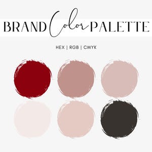 Puede incluir: Paleta de colores de marca con tres muestras de color: un rojo oscuro, un rosa claro y un rosa medio. El texto "BRAND Color PALETTE" está en la parte superior de la imagen. El texto "HEX | RGB | CMYK" está debajo de las muestras de color.