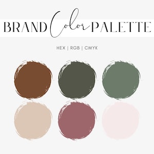 Puede incluir: Gráfico de paleta de colores de marca con el texto "BRAND Color PALETTE" en escritura negra. Seis muestras de color están dispuestas en dos filas, con tonos de marrón, verde, rosa y beige. La paleta también incluye códigos de color HEX, RGB y CMYK.