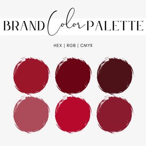 Peut inclure: Palette de couleurs de marque avec six nuances différentes de rouge. Les couleurs sont disposées en deux rangées de trois. Les couleurs sont étiquetées avec leurs valeurs hexadécimales, RVB et CMJN.
