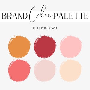 Könnte beinhalten: Markenfarbpalette mit sechs Farbmustern. Die Farben sind Orange, Rot, Rosa, Koralle, Hellrosa und Beige.