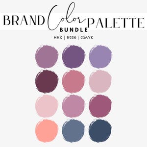 Puede incluir: Un paquete de paleta de colores de marca sobre un fondo blanco. La imagen presenta doce muestras de color circulares en tonos de morado, rosa, coral y azul. El texto "BRAND Color PALETTE BUNDLE" está en la parte superior.