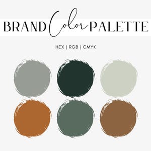 Puede incluir: Gráfico de paleta de colores de marca con seis círculos de color en tonos de gris, verde y marrón. El texto "BRAND Color PALETTE" está en la parte superior, con "HEX | RGB | CMYK" debajo.