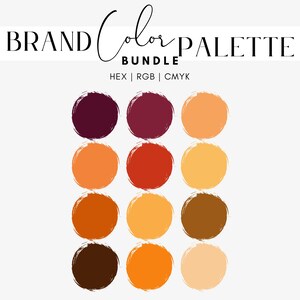 Puede incluir: Un paquete de paleta de colores de marca con doce muestras de color circulares en tonos burdeos, naranja y amarillo. El texto "BRAND Color PALETTE BUNDLE" está en la parte superior, con "HEX | RGB | CMYK" debajo.