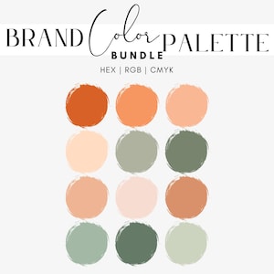 Op de afbeelding: Een grafische weergave van een merkkleurenpalet met de tekst BRAND COLOR PALETTE BUNDLE HEX | RGB | CMYK. Onder de tekst staan twaalf cirkelvormige verfstalen in een raster, met tinten van gebrand oranje, perzik, beige en saliegroen.