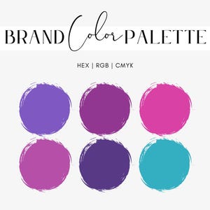 May include: Brand color palette with six color swatches in purple, pink, and teal. The text "BRAND Color PALETTE" is at the top of the image. The text "HEX | RGB | CMYK" is below the color swatches.