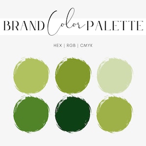 Könnte beinhalten: Grafik einer Markenfarbpalette mit dem Text "BRAND Color PALETTE". Die Palette zeigt sechs grüne Kreise in verschiedenen Schattierungen, von hell bis dunkel, mit Pinselstrich-Texturen. Die Grafik enthält auch "HEX | RGB | CMYK".