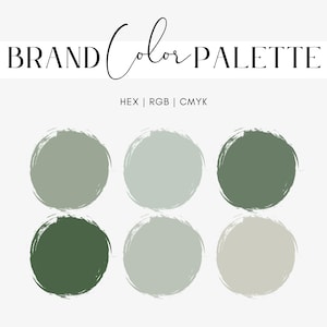 May include: Brand colour palette with six colour swatches. The colours are shades of green and grey. The text "BRAND Color PALETTE" is at the top of the image. The text "HEX | RGB | CMYK" is below the colour swatches.