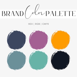 May include: A brand color palette graphic with the text "BRAND Color PALETTE" in black. Six circular color swatches are arranged in two rows. The colors include navy, purple, orange, teal, turquoise, and black. The color codes HEX, RGB, and CMYK are listed.