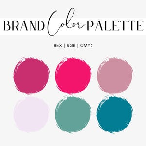 May include: A brand color palette graphic with six circular color swatches in shades of pink, teal, and purple. The text "BRAND Color PALETTE" is at the top, with "HEX | RGB | CMYK" below it.