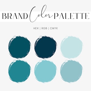 May include: A brand color palette graphic with six circular color swatches in shades of teal and blue. The text "BRAND Color PALETTE" is at the top, with "HEX | RGB | CMYK" below it.