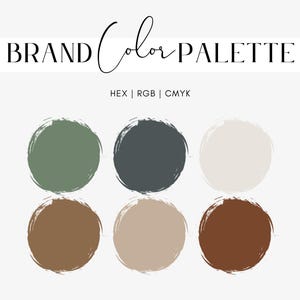 May include: A brand color palette graphic with six circular color swatches in shades of green, gray, beige, and brown. The text "BRAND Color PALETTE" is at the top, with "HEX | RGB | CMYK" below it.