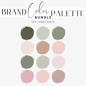 May include: A colour palette featuring 9 different shades of green, pink, and brown. The colours are arranged in a grid with 3 rows and 3 columns. The colours are labelled with the words "BRAND Color PALETTE BUNDLE HEX | RGB | CMYK".
