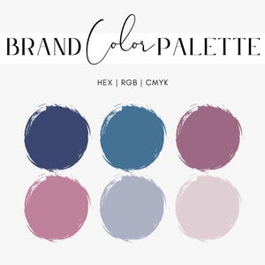 May include: A brand color palette graphic with the text "BRAND Color PALETTE" and color swatches. The swatches are six circles in shades of blue, purple, and pink, with a textured brushstroke effect. The graphic also includes the text "HEX | RGB | CMYK".