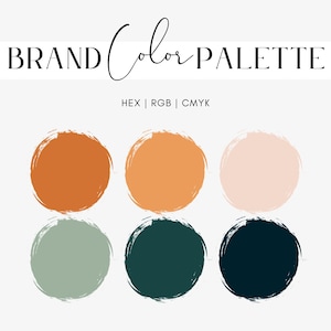 May include: A brand colour palette graphic featuring the text BRAND COLOUR PALETTE and HEX | RGB | CMYK. Below the text are six circular paint swatches with rough, brush-stroke edges in shades of burnt orange, light orange, pale pink, sage green, dark teal, and navy blue.