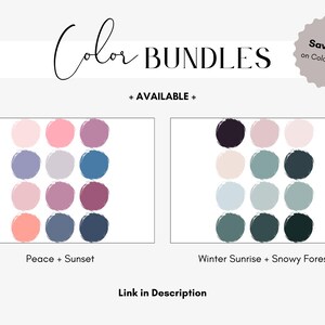 May include: Image features two color palettes labeled "Peace + Sunset" and "Winter Sunrise + Snowy Forest." Each palette displays 12 color swatches in a circular brushstroke design. Text at the top reads "Color BUNDLES" and "Save 25% on Color Bundles."